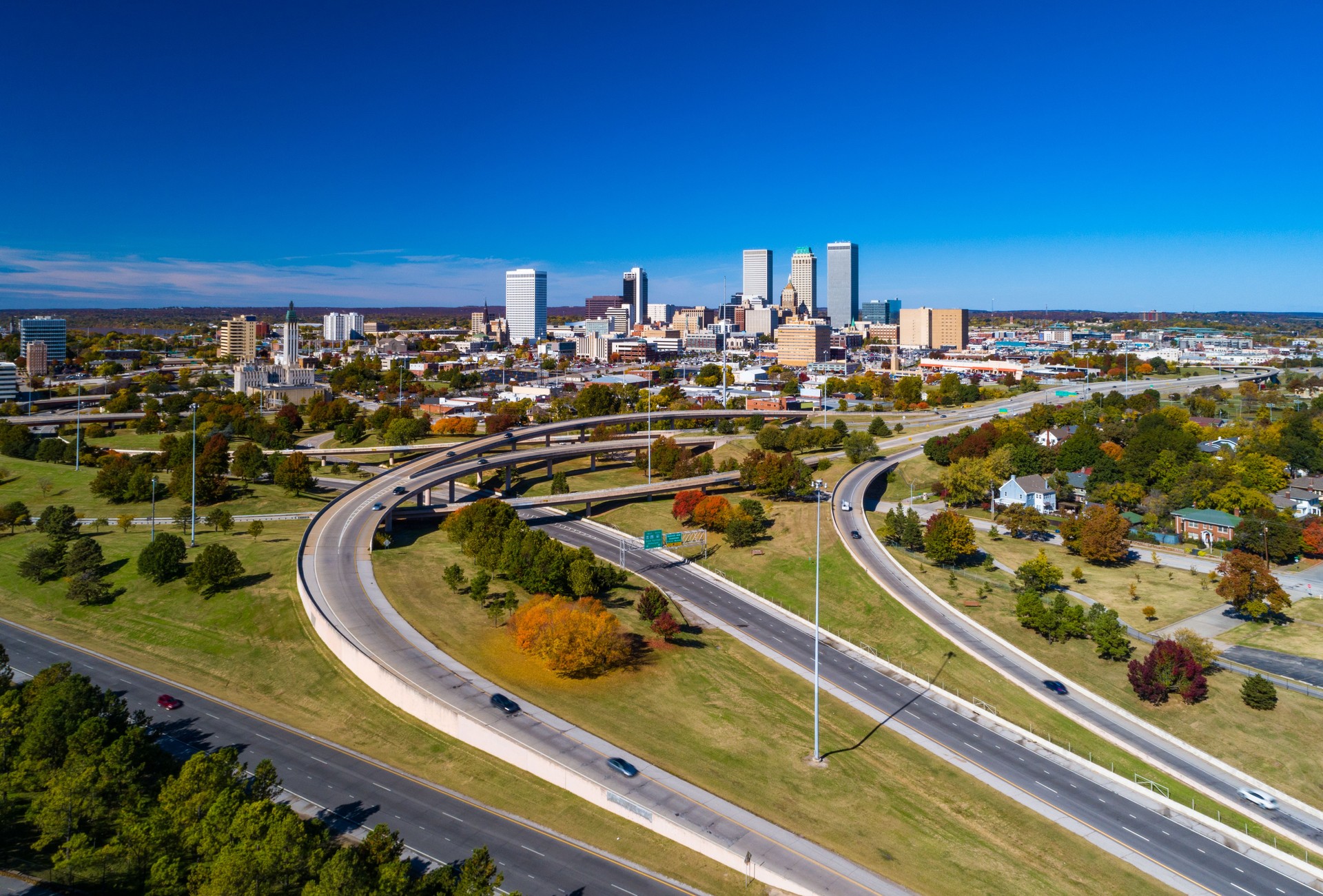 Aerial View of Downtown Tulsa Skyline with Freeways