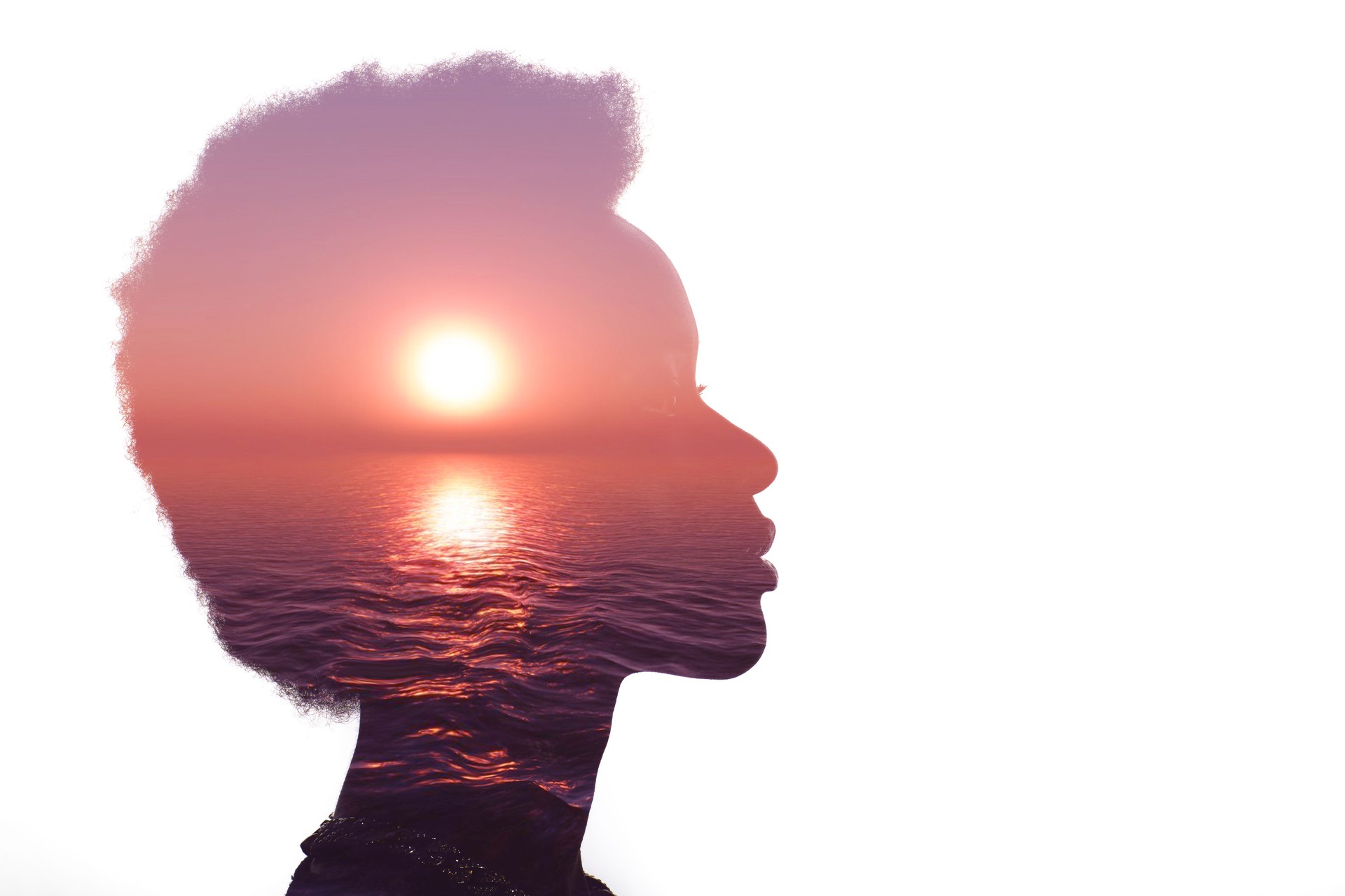 Multiple exposure image with sunrise and sea inside woman silhouette. Psychology concept